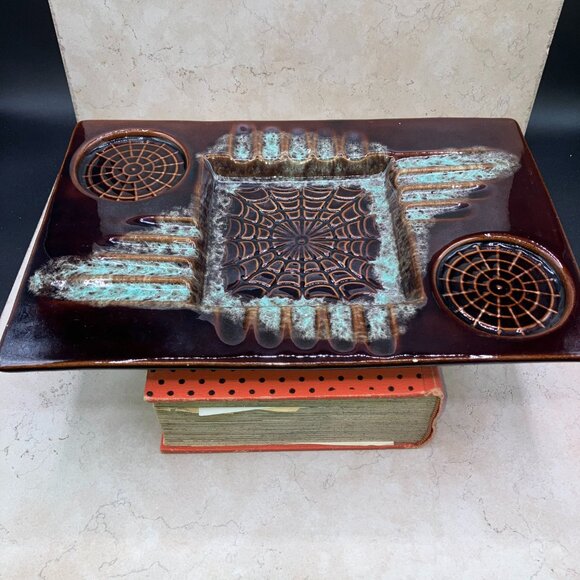 1970s California Pottery #3763 Spiderwed Glazed Ashtray 12”x8” Brown And Seafoam - Picture 4 of 11